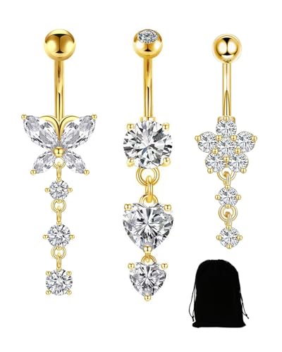 OXDOHUE 3 Stück Bauchnabelpiercing 10mm Bauchpiercing Chirurgenstahl Herz Piercing Schmetterling Blume Anhänger Bauchnabel Schmuck Damen - Gold von OXDOHUE