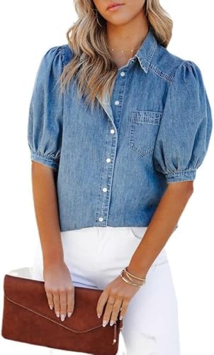 OXFUZZ Damen Elegant Bluse, Hellblaue Waschung Verblasst V-Ausschnitt Shirts Tops Süße Lockere Puffärmel Button-Down-Blusen Elegante Tunika-Tops M OXFUZZ Damen Elegant Bluse, Hellblaue Waschung Verblasst V-Ausschnitt Shirts Tops Süße Lockere Puffärmel Button-Down-Blusen Elegante Tunika-Tops M von OXFUZZ