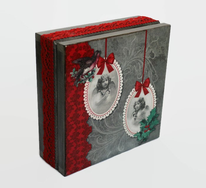 Weihnachtskiste Engel Memory Box Schmuckbox Weihnachtsgeschenk Schmuckschatulle Holz Weihnachtsdekoration Grau&rot von OXIArt