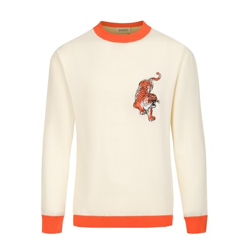 OXKNIT Damen Beige Langarm T-Shirts Retro Knit Rundhals Casual Tiger-Muster Pullover Top von OXKNIT