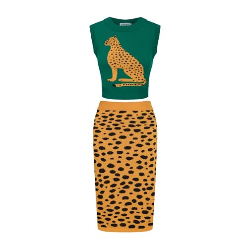 OXKNIT Damen Gelb Leopard Rock und Grün Crop Top mit Leopard Muster Vintage Strick 2 Teiler Set Sommer Casual Outfit von OXKNIT