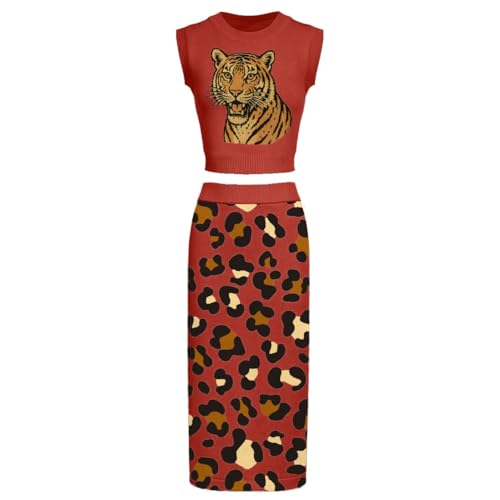 OXKNIT Damen Rock 2 Teiliges Set Vintage Rot Strick Tank Top Set mit Leopardenmuster Jacquard von OXKNIT