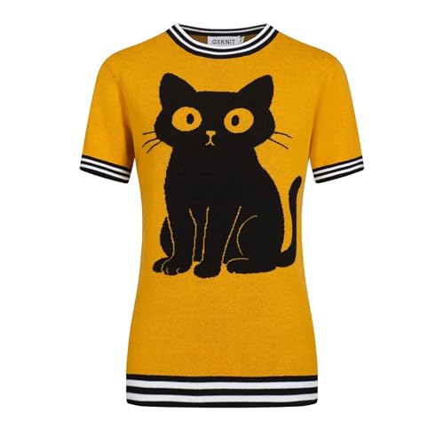 OXKNIT Damen T-Shirts Gestrickt Kurzarm Gelb Baumwolle Streifen Rundhalsausschnitt Top mit Schwarz Katze Jacquard von OXKNIT