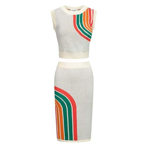 OXKNIT Damen Zweiteiler Top und Rock 2 Teiler Set Beige Crop Top Midirock mit Geometrischem Muster von OXKNIT