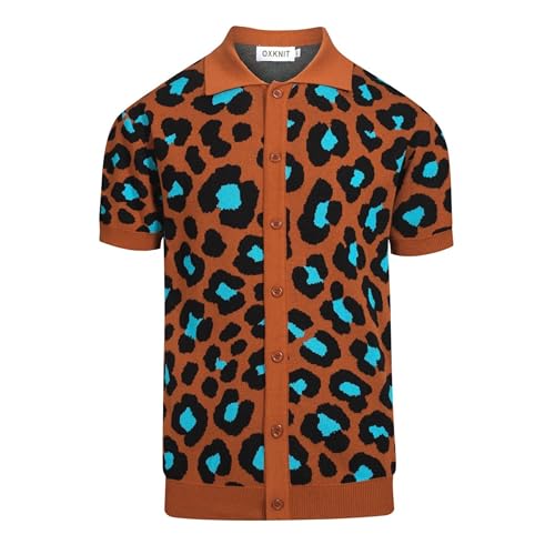 OXKNIT Herren Baumwolle Poloshirt Retro Strick Braun Polohemd mit Leopard Jacquard Button Down Freizeit Kurzarmhemd von OXKNIT