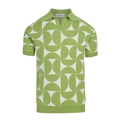 OXKNIT Herren Gestrickt Retro Poloshirt 1960er Mod Style Vintage Muster Kurzarm Shirt V-Ausschnitt Grün, Grün , XX-Large von OXKNIT