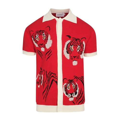 OXKNIT Herren Gestricktes Vintage Poloshirt 1960er Mod Style V-Ausschnitt Retro Polo Tiermuster Hemd mit Knopf Rot, Rot/Ausflug, einfarbig (Getaway Solids), XL von OXKNIT