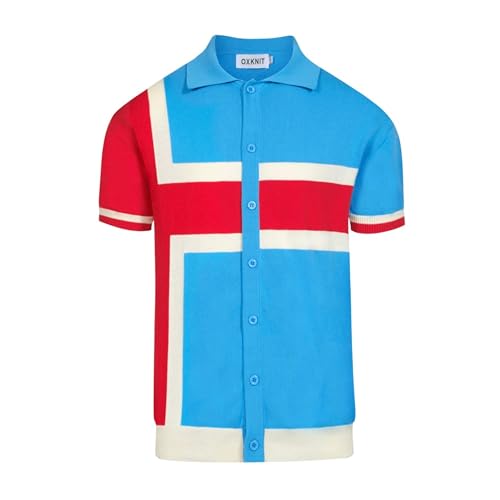 OXKNIT Herren Polo Shirt Blau Button-down Strickjacke Vintage 60s Strick-Polohemd für den Sommer von OXKNIT