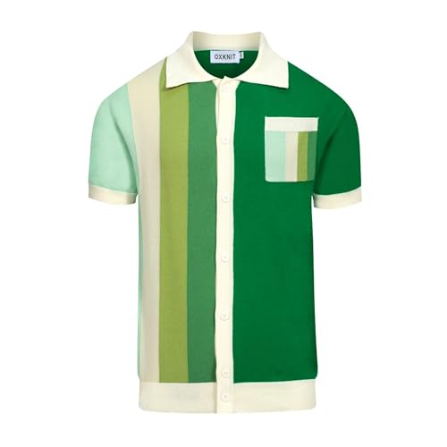 OXKNIT Herren Poloshirt Grün Retro Gestrickt Button-down Polohemd Kurzarm mit Tasche für den Sommer von OXKNIT