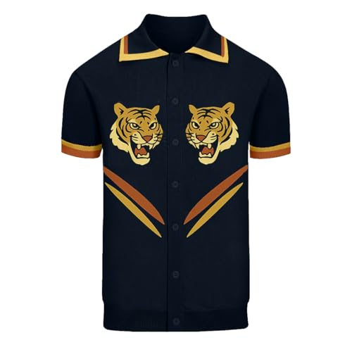 OXKNIT Herren Poloshirt Kurzarm Baumwolle Vintage Strick Dunkelblau Polohemd mit Tiger-Muster Button Down Freizeit Shirt von OXKNIT