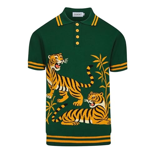 OXKNIT Herren Poloshirt Kurzarm Baumwolle Vintage Strick Dunkelgrün Polohemd mit Gelb Tiger Muster Freizeit Shirt Für den Sommer von OXKNIT