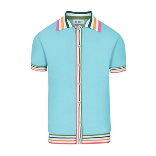 OXKNIT Herren Poloshirt Kurzarm Himmelblau Strickjacke mit Gestreifte Collage Regular Fit Baumwolle Shirt von OXKNIT