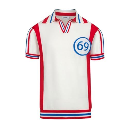 OXKNIT Herren Poloshirt Kurzarm Weiß Rot Vintage Gestricktes Polohemd mit V-Ausschnitt für Sport Golf von OXKNIT