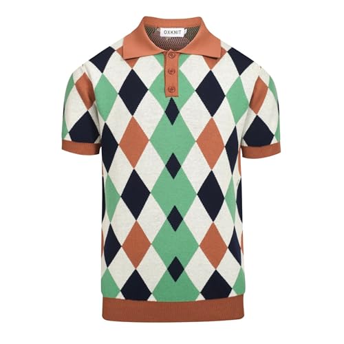 OXKNIT Herren Poloshirt Kurzarm aus Baumwolle Retro Gestrickt Polohemd mit Rhombus Muster Freizeit Shirt Für Männer Sommer von OXKNIT
