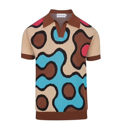 OXKNIT Herren Poloshirt Retro 1970s Psychedelic Gestricktes Polo Shirt - Vintage Braun mit Abstraktem Mehrfarbig Muster von OXKNIT
