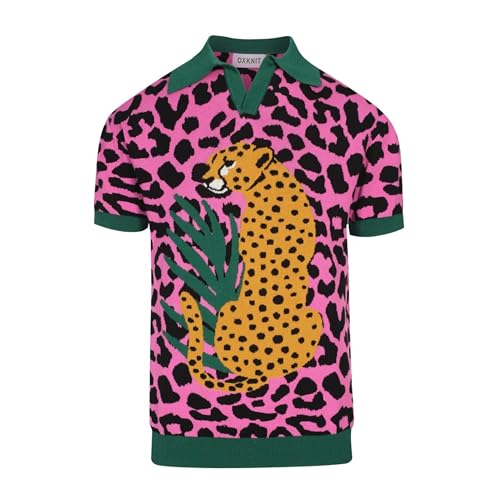 OXKNIT Herren Poloshirt Rose Rot mit Leopardenmuster V-Ausschnitt Casual Polohemd von OXKNIT