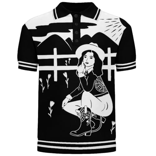 OXKNIT Herren Poloshirt Schwarzes Kunst Malerei Jacquard 60s Strick-Polohemd - Entworfen von Carrie Cantwell von OXKNIT