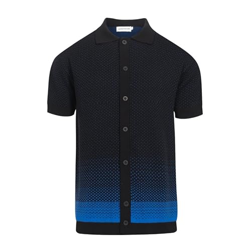 OXKNIT Herren Poloshirt Vintage-Strickjacke mit Farbwechsel Schwarz Kurzarm Gestrickt Button-down Shirt für Sommer von OXKNIT