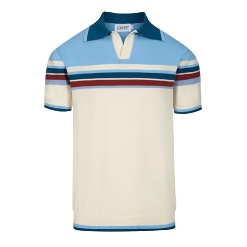 OXKNIT Herren Poloshirts Kurzarm Blau Strick Gestreift V-Ausschnitt Polohemd Sommer Golf Shirt Regular Fit von OXKNIT