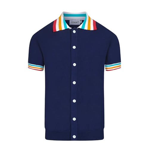 OXKNIT Herren Retro Dunkelblau Strick Poloshirt 1960er Mod Style Vintage Polo Kurzarm mit Knopf, Blau, Mittel von OXKNIT