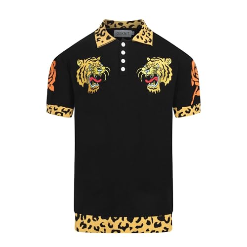 OXKNIT Herren Retro Schwarz Gestrickt Poloshirt Vintage Tier Floral Patten Polo Baumwolle Kurzarm mit Viertelknopf, Schwarz, XX-Large von OXKNIT