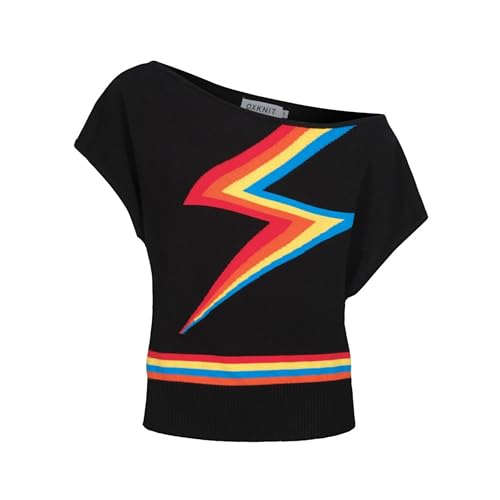 OXKNIT Off Shoulder Oberteil Damen Vintage Gestrickt Baumwolle Schwarze Freizeit T-Shirt Kurzarm mit Blitz Muster–Kurze Version von OXKNIT