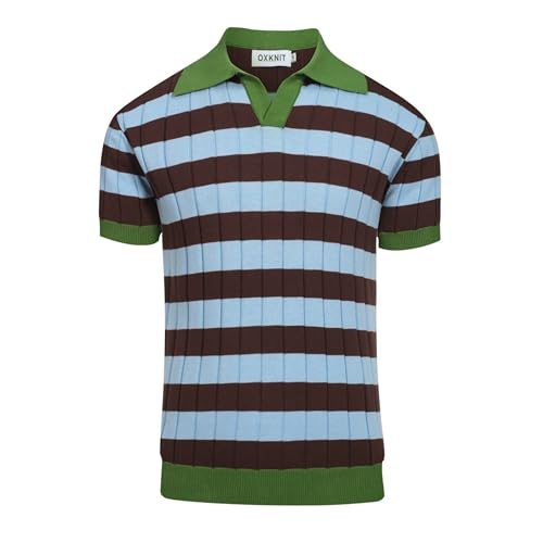 OXKNIT Polo Kurzarm Herren Strick Poloshirt aus Baumwolle Braun-Blau Gestreift V-Ausschnitt Polohemd von OXKNIT