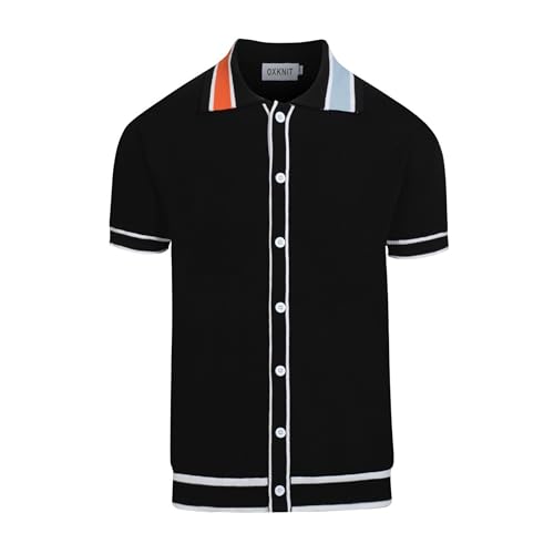OXKNIT Polo Shirt Herren Schwarze Vintage Button-down Polohemd in Kontrastfarbe für den Sommer von OXKNIT