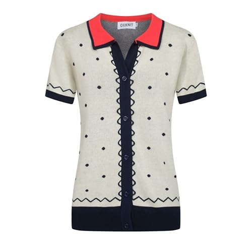 OXKNIT Poloshirt Damen Kurzarm Beige Shirt Vintage Freizeit Button-down Polohemd aus Baumwolle mit Punkt Jacquard von OXKNIT