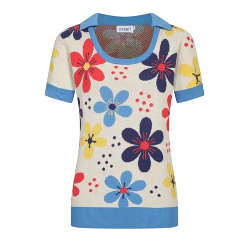 OXKNIT Poloshirt Damen Kurzarm Retro Blau Rundhalsausschnitt Polohemd Baumwolle Gestrickt Shirt Top mit Blumenmuster Jacquard von OXKNIT