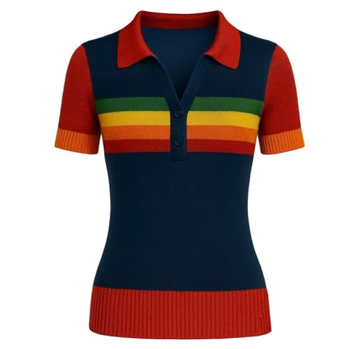 OXKNIT Poloshirt Damen Kurzarm Retro Marine mit Regenbogen Gestreift Jacquard Freizeit V-Ausschnitt Gestrickt Polohemd aus Baumwolle von OXKNIT
