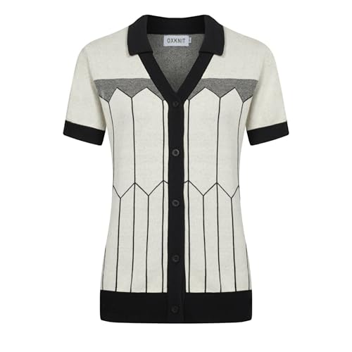 OXKNIT Poloshirt Damen Kurzarm Schwarz Top mit Weiß Kunstvolle Linien Jacquard Vintage Freizeit Polohemd aus Baumwolle von OXKNIT
