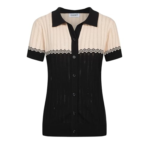 OXKNIT Poloshirt Damen Kurzarm V-Ausschnitt Gestrickt Schwarz Shirts mit Wellung Jacquard Vintage Textured Freizeit Button-down Polohemd von OXKNIT