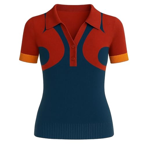 OXKNIT Poloshirt Damen Kurzarm Vintage-Stil Rot V-Ausschnitt Gestricktes Polohemd aus Baumwolle von OXKNIT