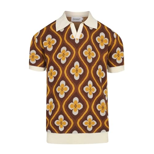 OXKNIT Poloshirt Herren Gelb Vintage 1960er Jahre Ggestrickt Jacquard V-Ausschnitt Polohemd Summer Golf Shirt von OXKNIT