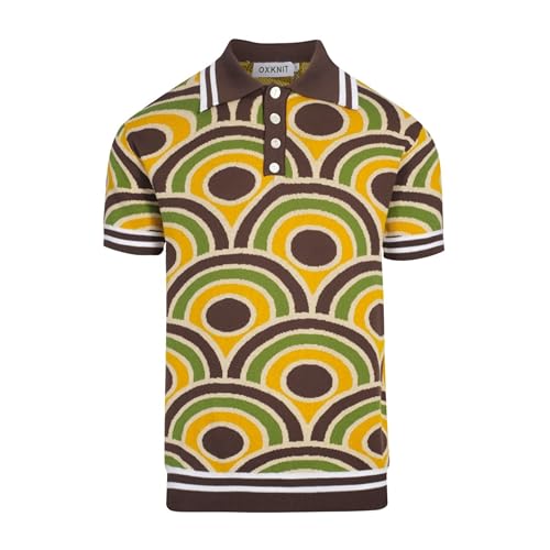 OXKNIT Poloshirt Herren Kurzarm Braun Geometrisch Polohemd Retro Strick Casual Golf Tshirt von OXKNIT