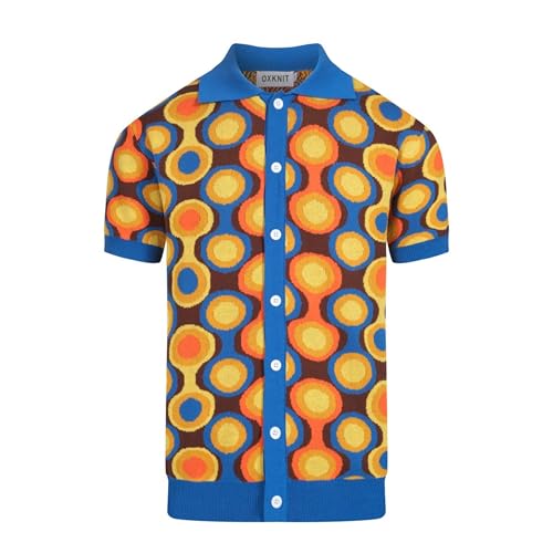 OXKNIT Poloshirt Herren Kurzarm Gelb Shirt Vintage Gestrickt Button-down Polohemd mit Geometrische von OXKNIT