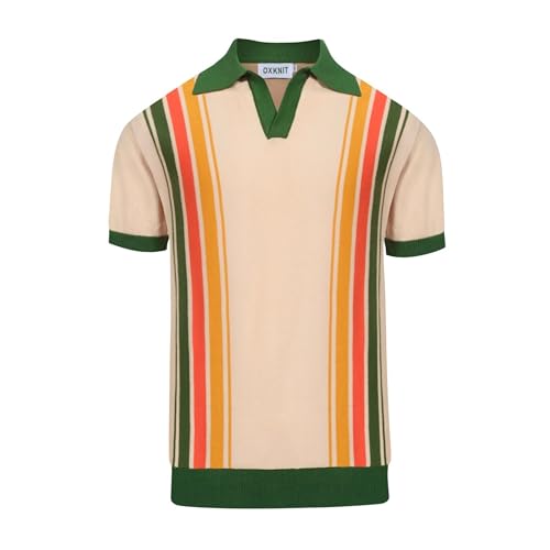 OXKNIT Poloshirt Herren Kurzarm Grün Gestrickt 1960s Mod Style Retro Gestreift V-Ausschnitt Shirt Regular Fit von OXKNIT