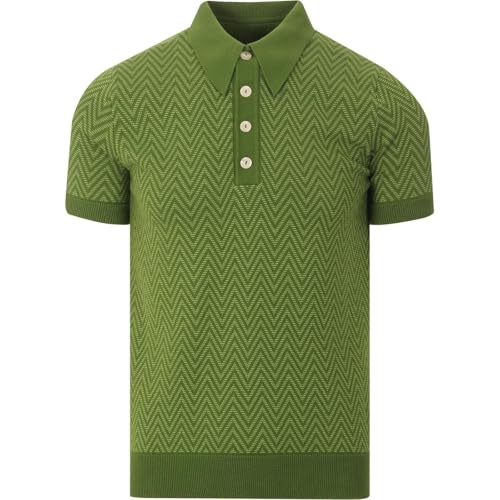 OXKNIT Poloshirt Herren Kurzarm Grün Stricken Polohemd 60S Retro Mod Golf Shirt mit Fischgrätenmuster von OXKNIT