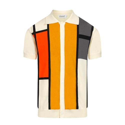 OXKNIT Poloshirt Herren Kurzarm Retro Bauhaus Strickhemd Farbiger Block Gestrickt Button-down Golf Polohemd von OXKNIT