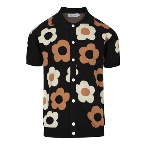 OXKNIT Poloshirt Herren Kurzarm Schwarz Cardigan Vintage Polo T-Shirt Blume Muster Sommer Golf Shirts mit Button Down von OXKNIT
