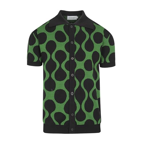 OXKNIT Poloshirt Herren Kurzarm Schwarz Grün Button-down Retro Polohemd mit Mod Welle Pünktchen Casual Strickhemd von OXKNIT