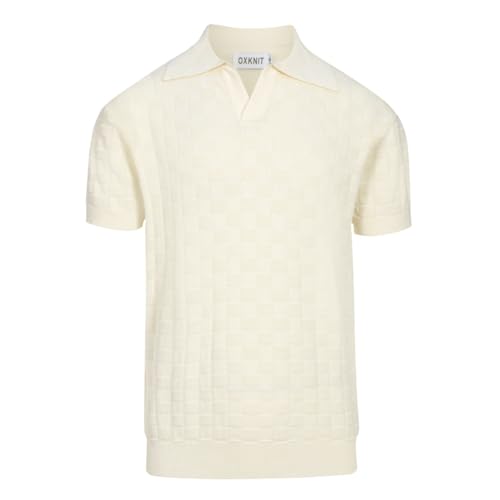 OXKNIT Poloshirts Herren Kurzarm Weiß Strick Polohemd mit Karierte Texture V-Ausschnitt Sommer Golf Shirt Regular Fit von OXKNIT