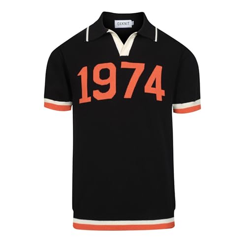 OXKNIT Poloshirts Kurzarm für Herren Vintage Dunkelblau Strick Polohemd mit 1974 Jacquard Freizeit Sport V-Ausschnitt Golf Shirt aus Baumwolle von OXKNIT