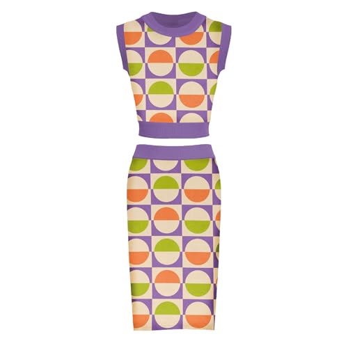 OXKNIT Rock Damen mit Crop Top Set Lila Retro Strick Set mit Geometrischem Druck mit Kreisen Sommer Casual Outfit von OXKNIT