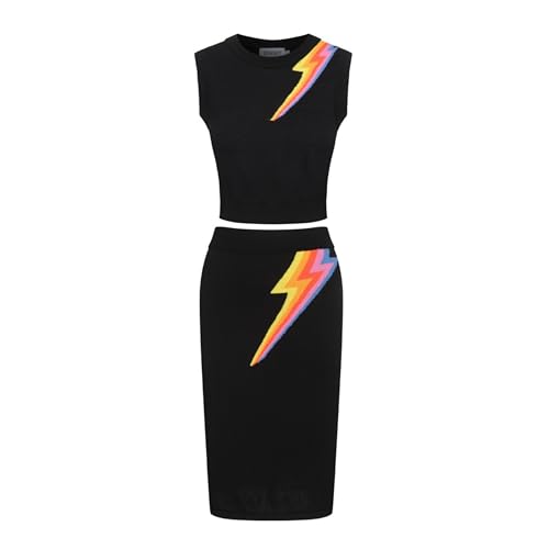 OXKNIT Rock Damen mit Crop Top Set Vintage Schwarz Blitzschutz Muster Strick 2 Teiler Set Sommer Casual Outfit von OXKNIT