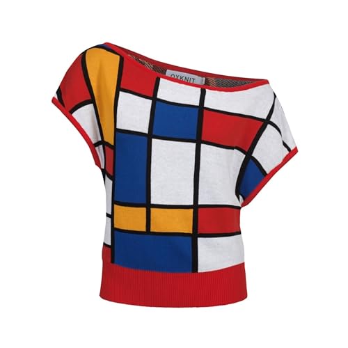 OXKNIT Schulterfreies Oberteil Damen Gestrickt Rechteck Farbblock Baumwolle Freizeit Sommer T-Shirt –Kurze Version von OXKNIT