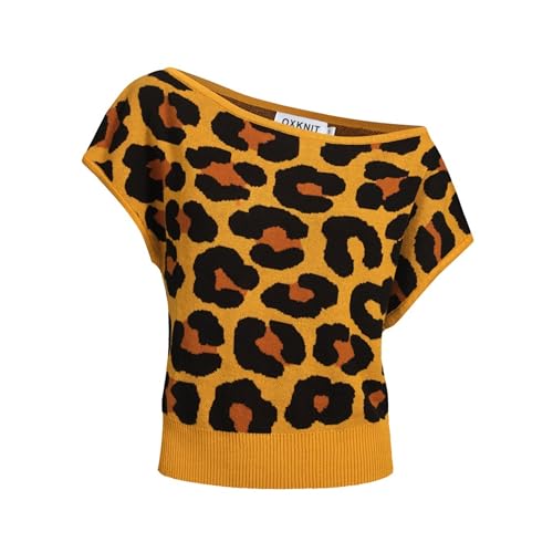 OXKNIT Schulterfreies Oberteil Damen Gestrickt Retro Gelb Leopard Jacquard Baumwolle Freizeit T-Shirt –Kurze Version von OXKNIT