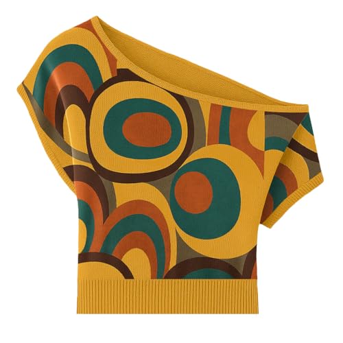 OXKNIT Schulterfreies Oberteil Damen Gestrickt Vintage Geometrische Jacquard Baumwolle Freizeit Gelb T-Shirt –Kurze Version von OXKNIT