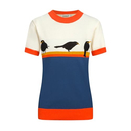 OXKNIT T-Shirt Damen Kurzarm Farblich Passender Süßer Vogel Gestreiftes Kunststrickzeug Baumwolle Top von OXKNIT